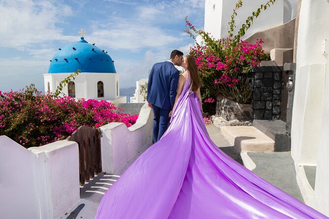 Amazing Flying Dress Photoshoot in Santorini - Anastasis Church and Imerovigli’s photo settings
