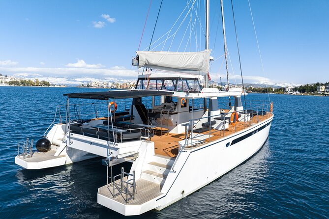 Comfort Max Catamaran Caldera Cruise with BBQ and Drinks - Swimming near Mesa Pigadia, White Beach, and Red Beach