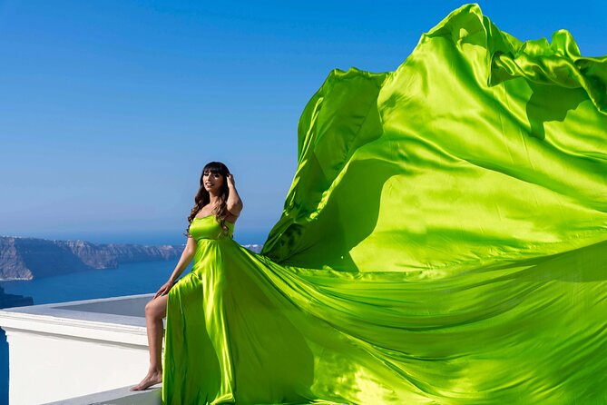 Embark on a Flying Dress Photoshoot in Santorini - A flying dress above Santorini’s caldera