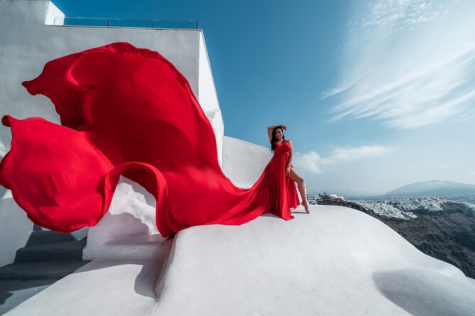 Flying Dress Express - A flying dress with Santorini as the backdrop