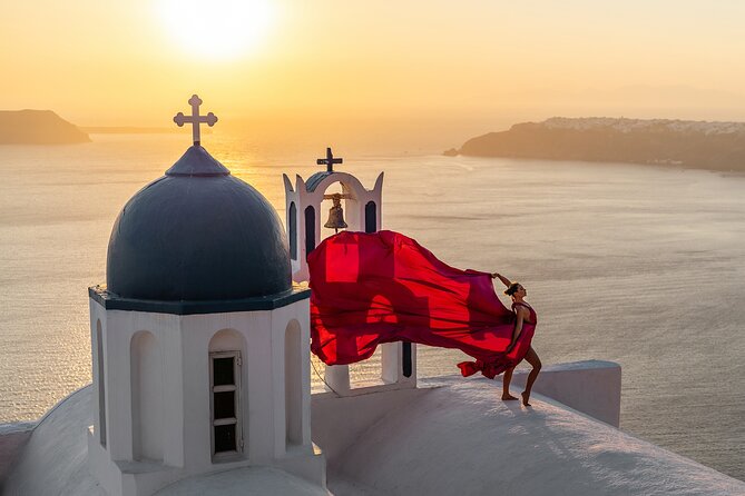 Flying Dress Photoshoot in Santorini by Flying Dress Photo © - A Flying Gown Above Santorini’s Cliffs