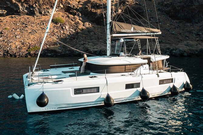 Majestic Catamaran Caldera Cruise with Snacks, Meal & Drinks - BBQ lunch or dinner with Greek flavors