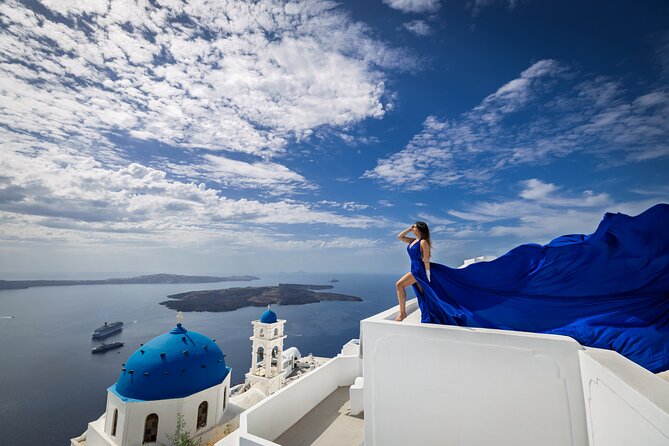 Private Express Flying Dress Photoshoot in Santorini – 30 Minutes - Blue domes and Imerovigli views