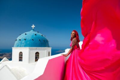 Professional Flying Dress Photoshoot In Santorini