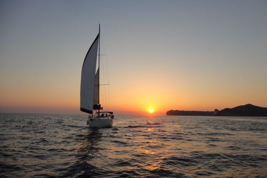 Santorini Caldera: Sunset Sailing Cruise with Meal - Mesa Pigadia and the first swim