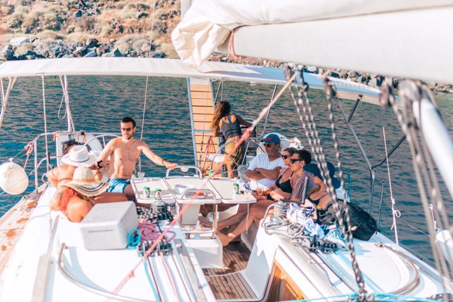 Santorini Caldera: Sunset Sailing Cruise with Meal - Sunset on the return sail