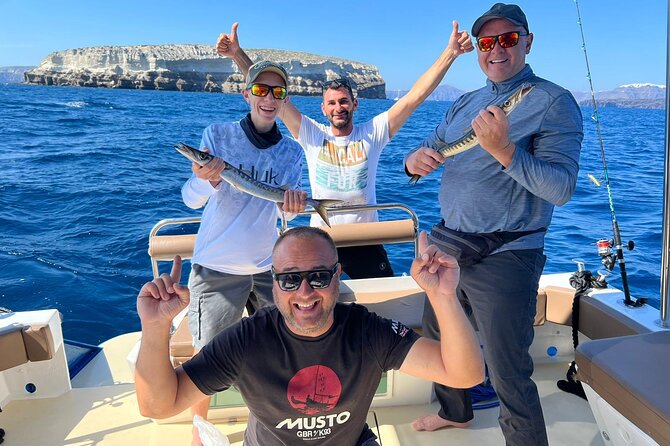 Santorini Fishing Private Cruise boat tour - BBQ, Snorkeling - Santorini from a lower, quieter viewpoint
