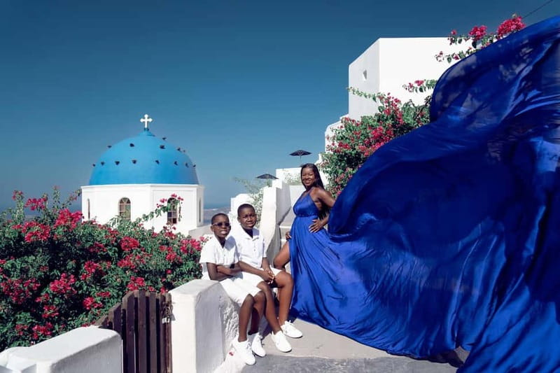 Santorini: Flying Dress Photoshoot Private Entry to Blue Dom - Price, extras, and real value