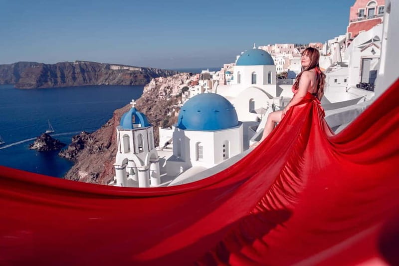 Santorini: Flying Dress Photoshoot Private Entry to Blue Dom - What the Santorini flying dress session is really like