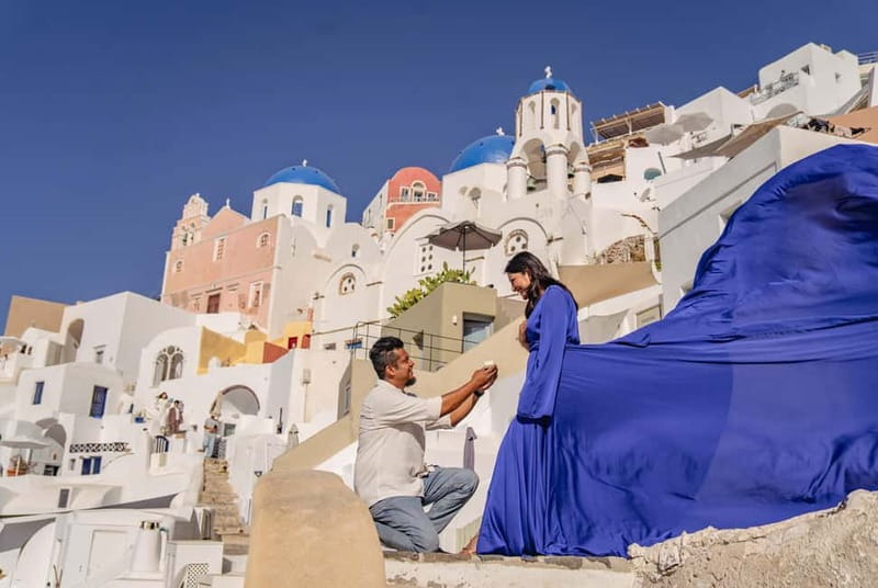 Santorini: Flying Dress Photoshoot Private Entry to Blue Dom - Working with Habibi and the assistant