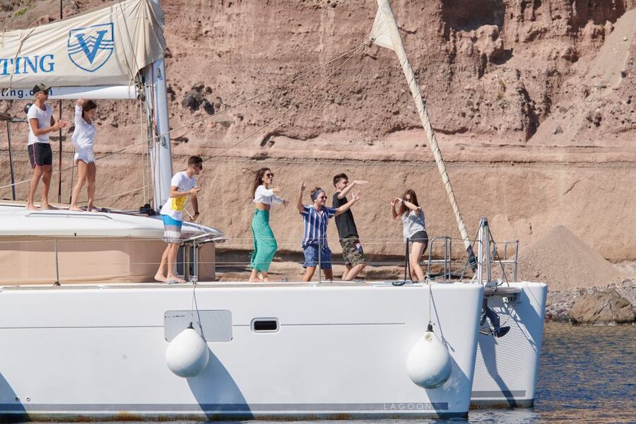 Santorini Gold Catamaran Cruise with Snorkel, BBQ & Open Bar - Why the caldera looks better from a catamaran