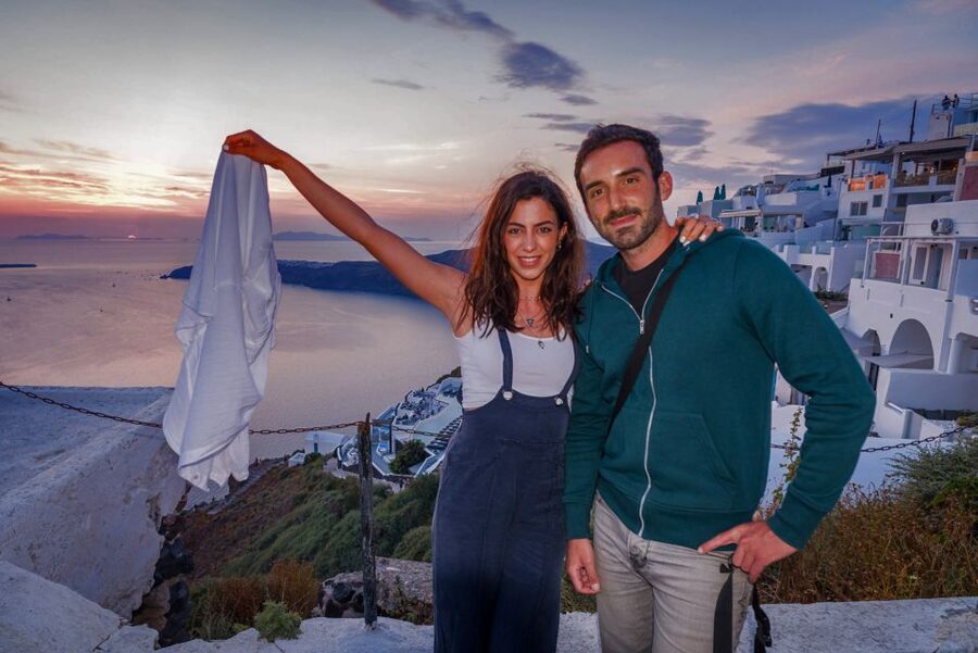 Santorini: Night Hike, Wine Tasting, and Greek Dinner - Sunset over the Caldera and volcano