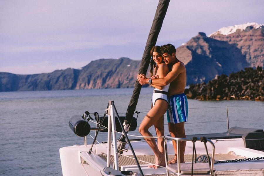 Santorini: Private Catamaran Tour with BBQ Meal and Drinks - Mesa Pigadia gives you the first proper swim