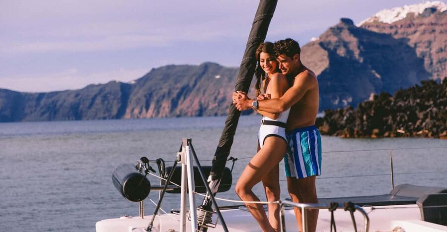 Santorini: Private Catamaran Tour with BBQ Meal and Drinks - Leaving Vlychada and reaching Red Beach