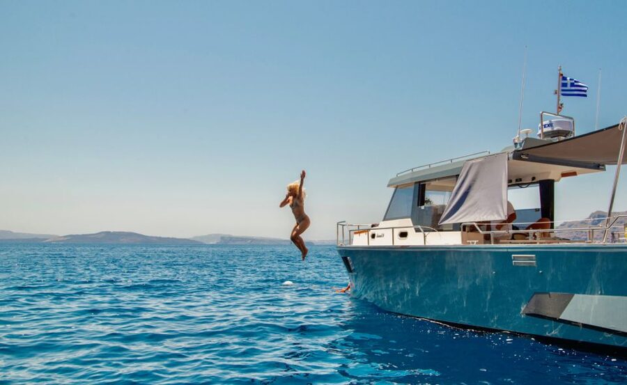 Santorini: Private Diamond 36 Motor Yacht Caldera Cruise - Starting below Oia at Ammoudi Bay