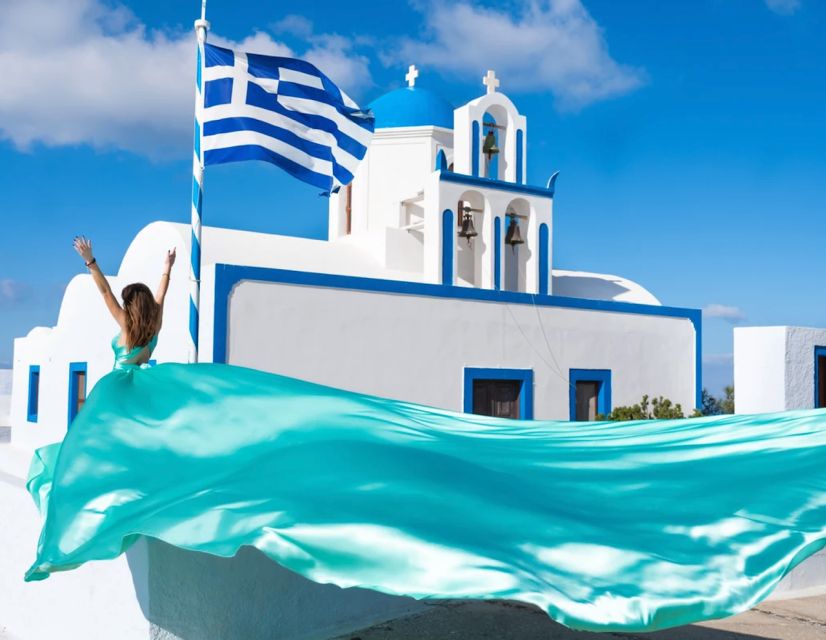 Santorini: Private Flying Dress Photoshoot with Pickup - Firostefani brings a different caldera angle