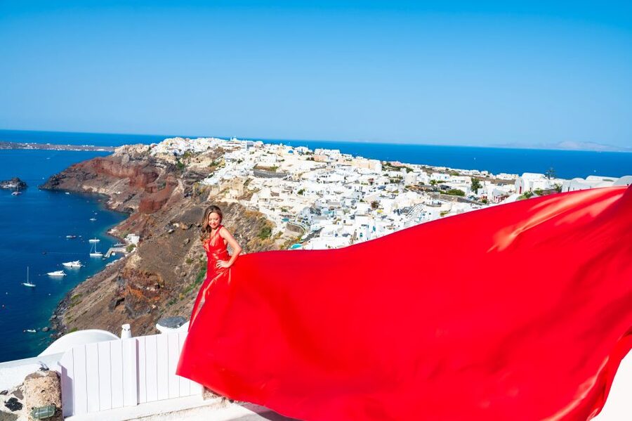 Santorini: Private Flying Dress Photoshoot with Pickup - Imerovigli adds height and open views