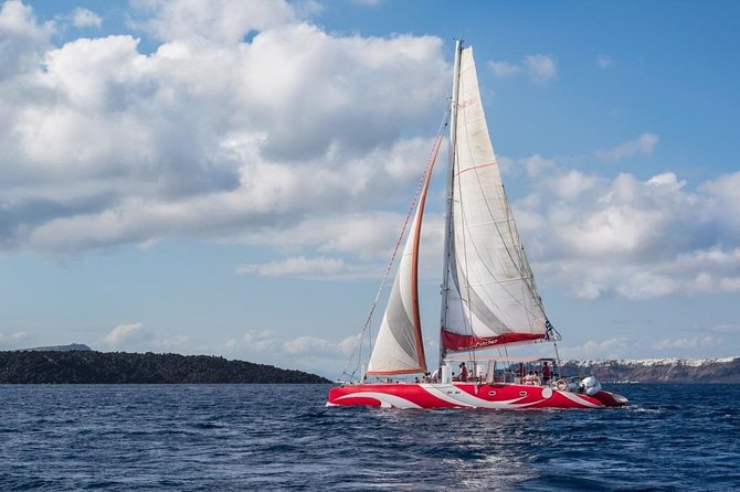 Santorini Sailing Dream Catcher with BBQ Lunch and Drinks - Palea Kameni, lunch, and a quiet bay